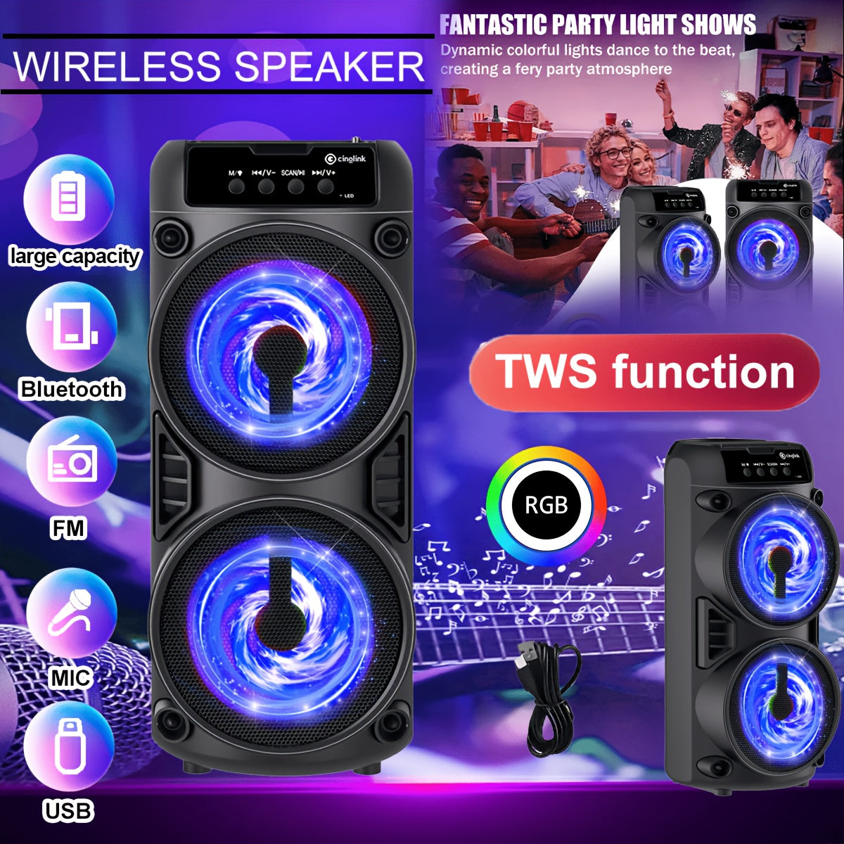 RGB Dual Speaker Portable Bluetooth Stereo Sound System with Subwoofer, Ambient Lighting, Two Speaker Sizes