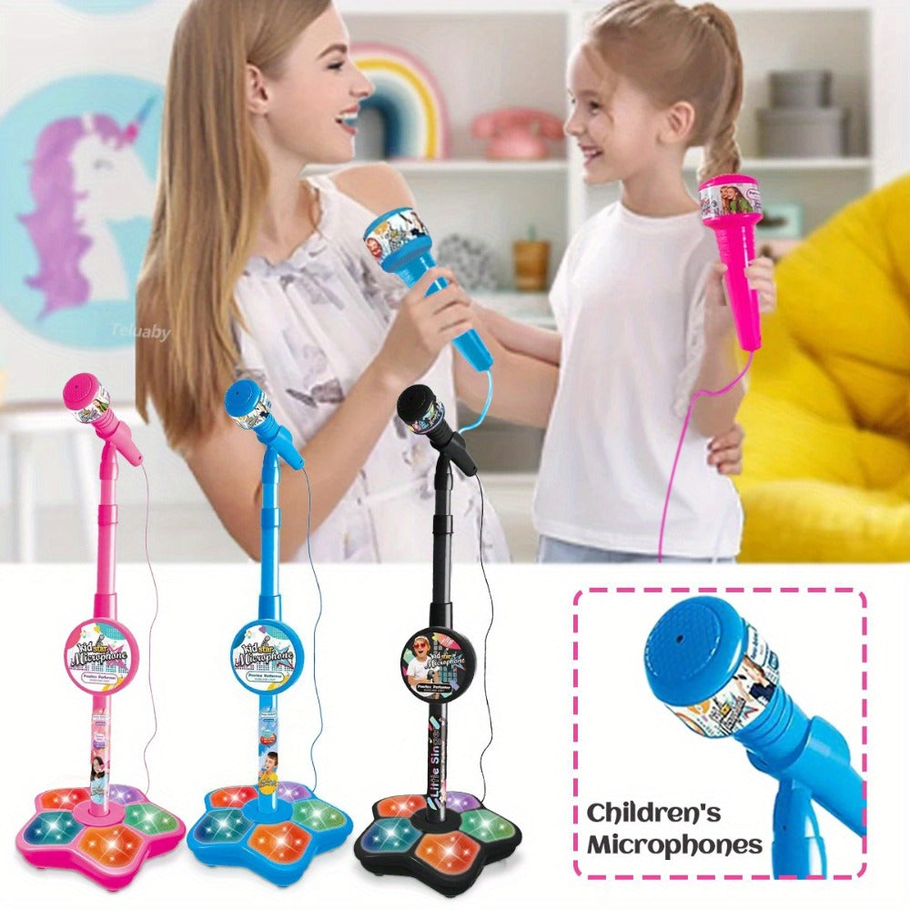 Kids Karaoke Microphone with Stand & Amplifier – Singing Toy for Girls Boys Age 3+, Random Print Design, Birthday Gift, Blue / Black / Pink