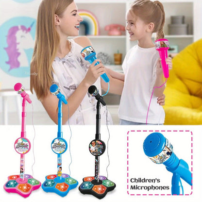 Kids Karaoke Microphone with Stand & Amplifier – Singing Toy for Girls Boys Age 3+, Random Print Design, Birthday Gift, Blue / Black / Pink