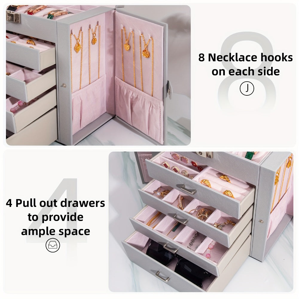 Large Jewelry Box 5-Tier PU Leather Organizer with Lock & Mirror – Storage Case for Bracelets, Earrings, Rings & Necklaces