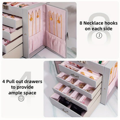 Large Jewelry Box 5-Tier PU Leather Organizer with Lock & Mirror – Storage Case for Bracelets, Earrings, Rings & Necklaces