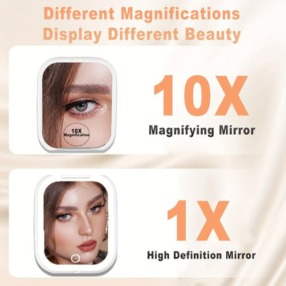 Compact Makeup Mirror with Light 10X Magnification, Rechargeable LED Pocket Mirror 3 Color Modes Adjustable Brightness 2-Sided Folding Purse Mirror for Women Travel Daily Use, Beauty Gift for Mom