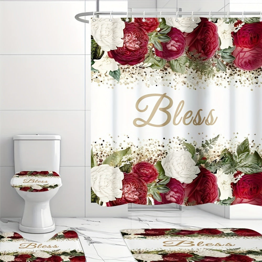 Four-Piece Rose and Bless Shower Curtain Set with Coordinated Mats, Lid Cover and Twelve White Hooks