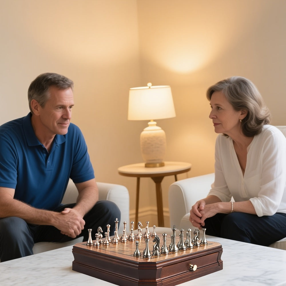 12-Inch Wooden-Style Chess Set with Metal-Finish Pieces, Two Storage Drawers and Two Extra Queens for Adults