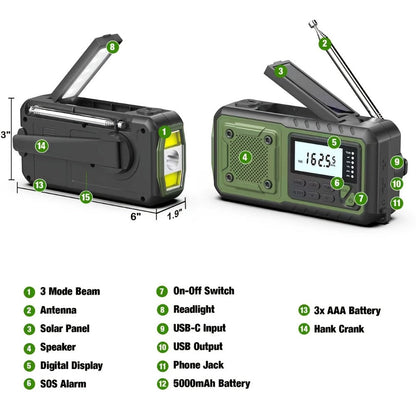 5000mAh Digital AM/FM/NOAA Emergency Radio with Solar Panel, Hand Crank, Reading Light and Three Colors