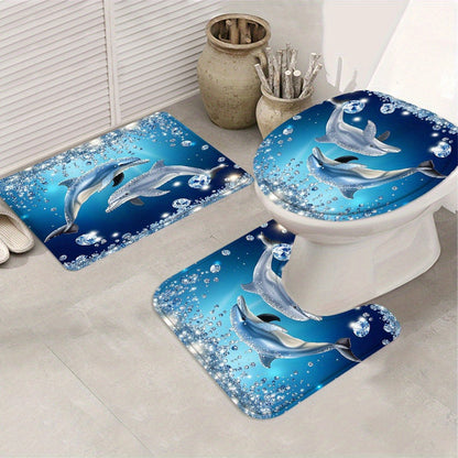 Four-Piece Dolphin Shower Curtain Set with Coordinated Bath Mat, Toilet Rug, Lid Cover and Twelve Hooks