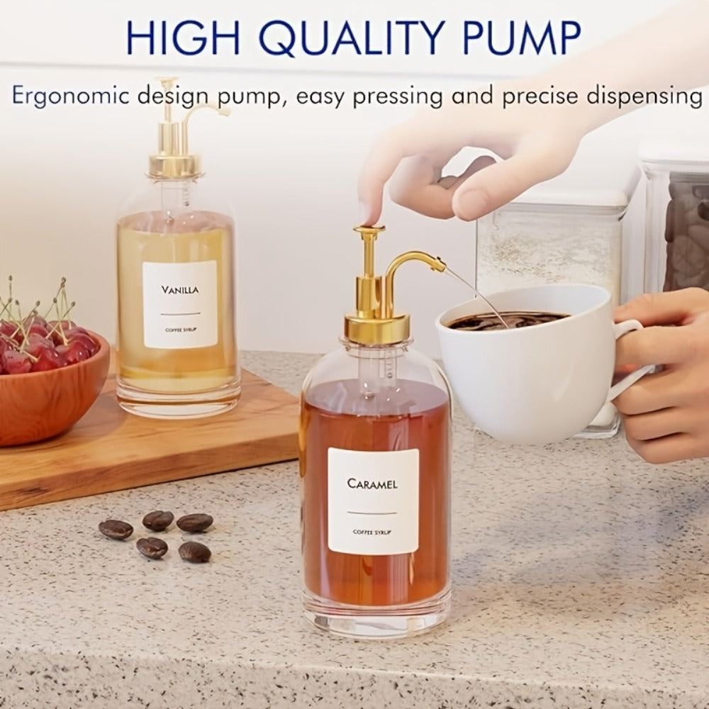 Four-Piece 16.9-Ounce Glass Coffee Syrup Dispenser Set in Gold, Silver or Black Pump Options