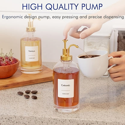 Four-Piece 16.9-Ounce Glass Coffee Syrup Dispenser Set in Gold, Silver or Black Pump Options
