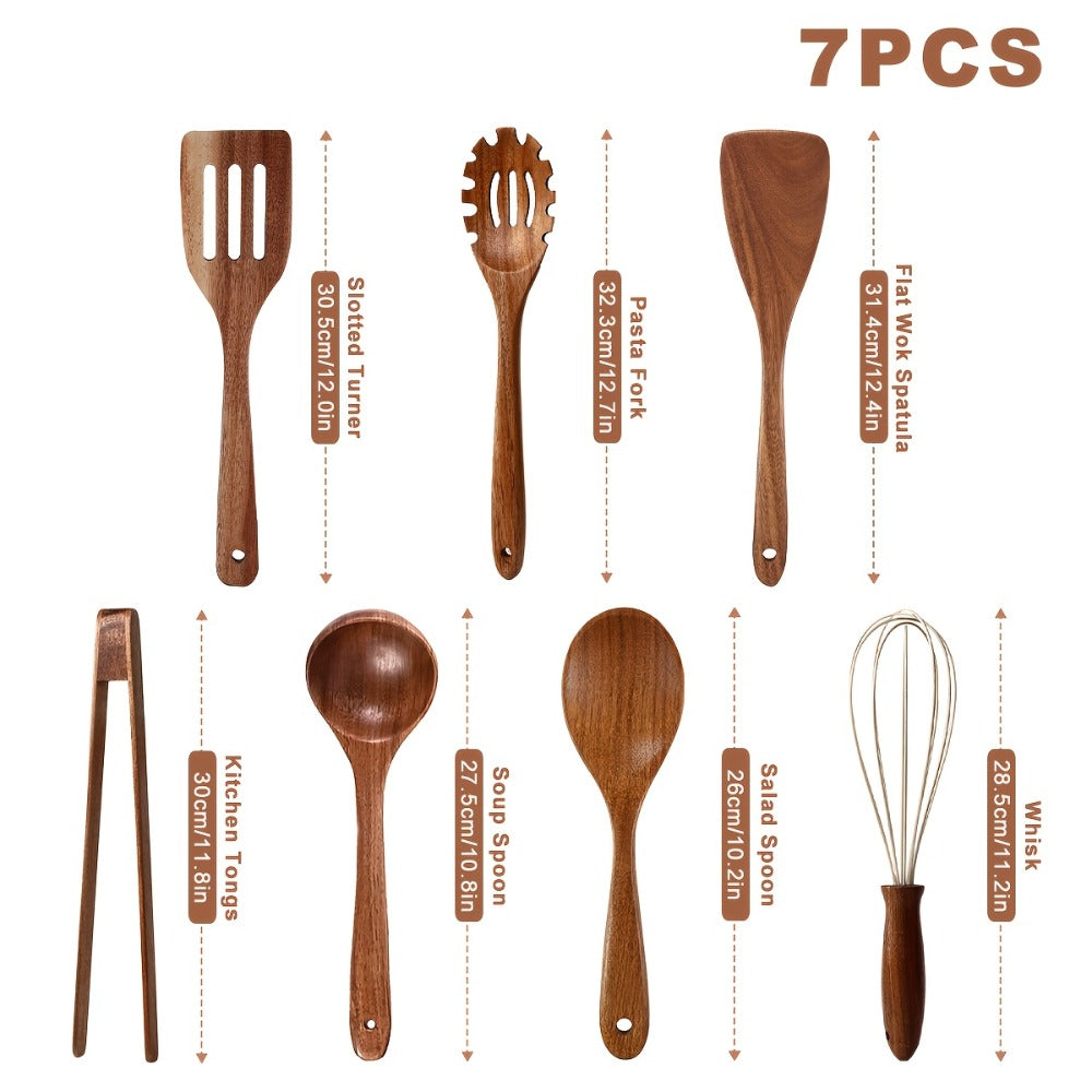 Wooden Kitchen Utensils Set 3/5/7Pcs – Natural Wood Spoons, Spurtle, Ladle & Wok Spatulas for Non-Stick Pans | Heat Resistant, Ergonomic Handle, Easy to Clean