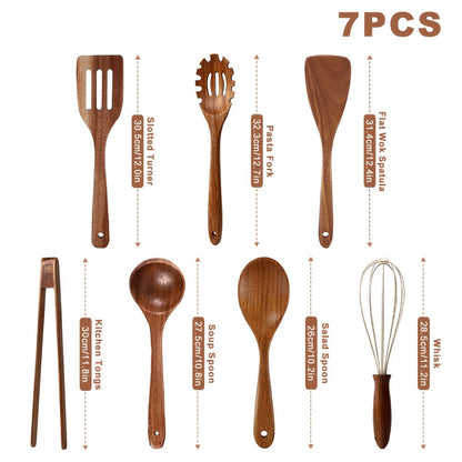 Wooden Kitchen Utensils Set 3/5/7Pcs – Natural Wood Spoons, Spurtle, Ladle & Wok Spatulas for Non-Stick Pans | Heat Resistant, Ergonomic Handle, Easy to Clean