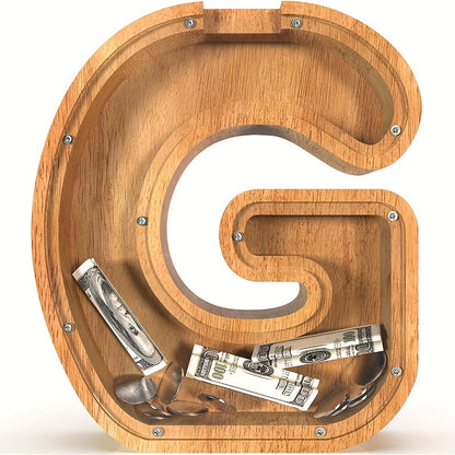 Wooden Alphabet Letter Coin Bank with Clear Front Panel and 23 Fixed Initial Options for Display