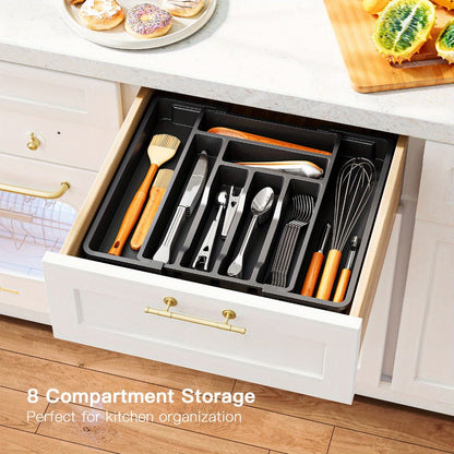 Expandable Cutlery Tray Drawer Organizer Adjustable Silverware Holder with Labels | Kitchen Drawer Organizer for Knives Forks Spoons Utensils | Bamboo & Black Drawer Divider for Kitchen Bedroom Office