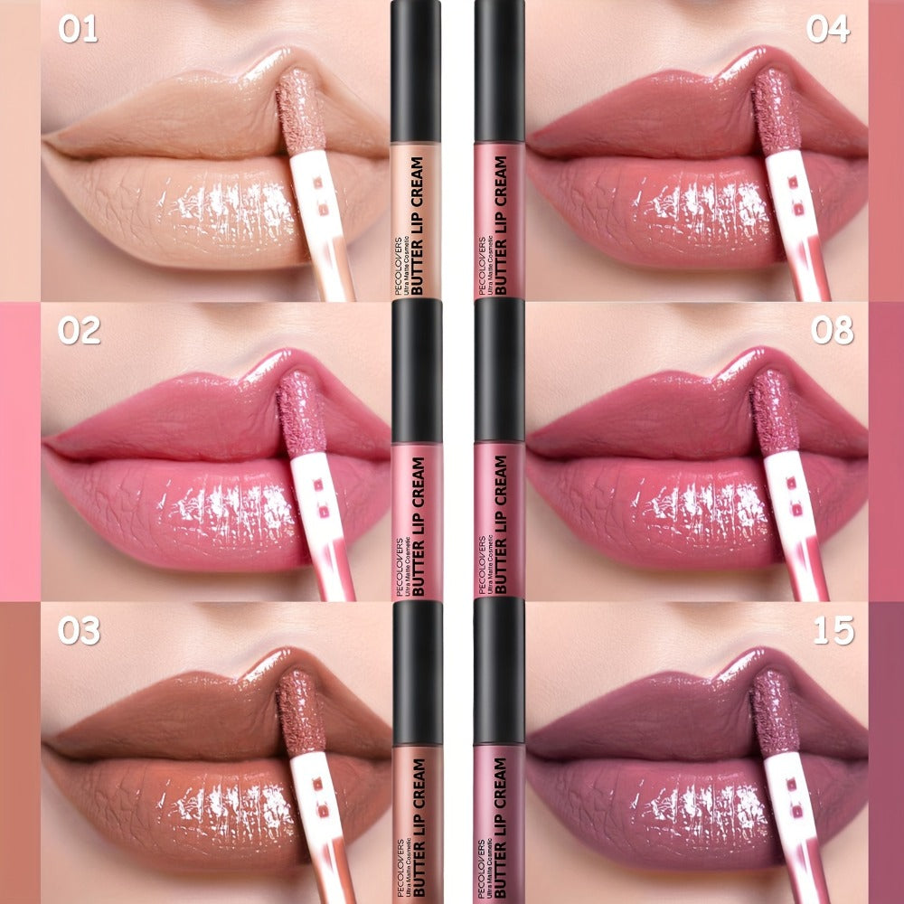 Lip Gloss Set by PECOLORS with 6 Nude Butter Lip Cream Shades, Tube Applicators and Display Box