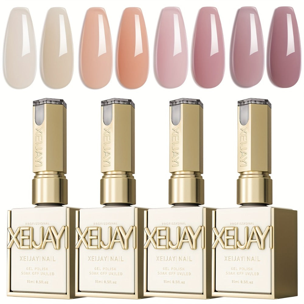 Jelly Gel Nail Polish Set 4pcs Nude Icy Translucent - Semi-Permanent LED Cured Long Lasting Glossy DIY Home Manicure Nail Art Kit 0.51oz
