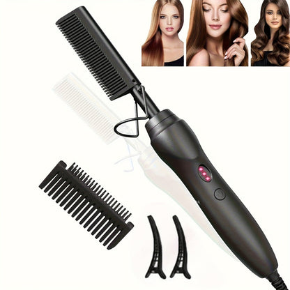 Electric Hot Comb Hair Straightener Ceramic Copper Heating Plate Portable Heat Press Comb for Curl Straight Style Beard Wig Wet Dry Hair Styling Tool for Women Men