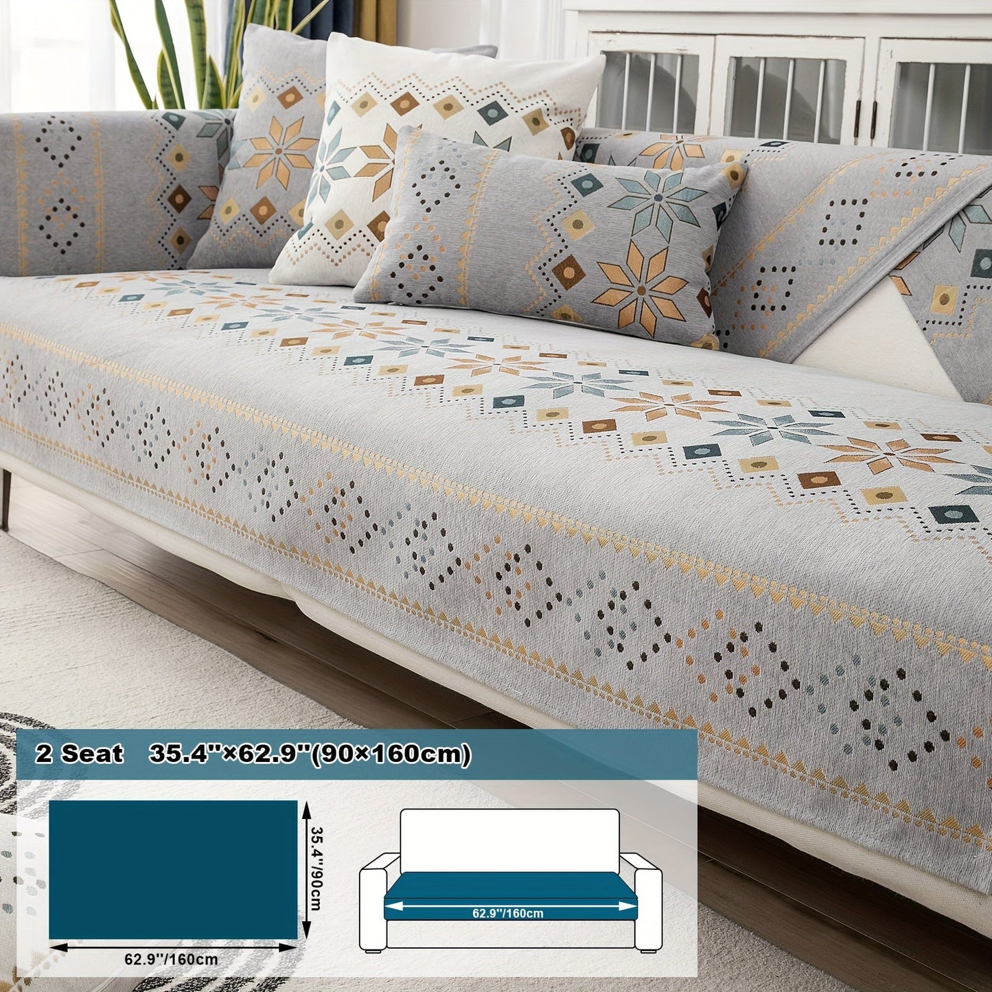Sofa Cover Bohemian Geometric Panels for 1 to 4 Seats, Armrest or Backrest in Five Color Options