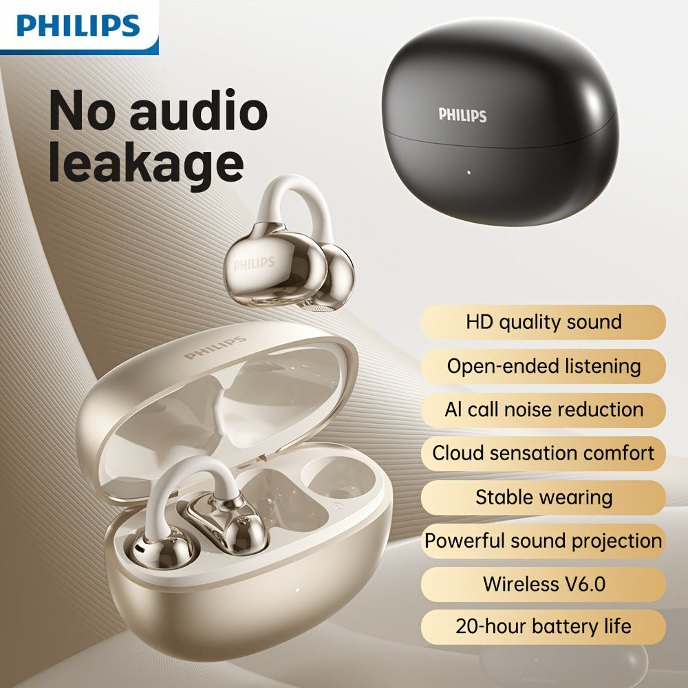 Philips TWS Ear Clip Sport Headset Hi-Fi Bass Stereo HD Calls Earhook Wireless Bluetooth for Music Gaming Business iOS Android Gift for Couples Valentine Black Gold