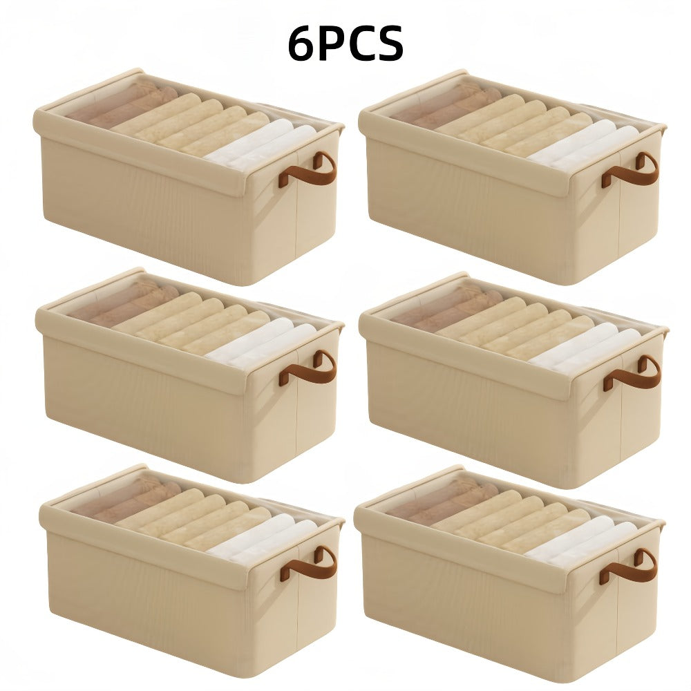 Foldable Fabric Storage Bins with Clear Top Lids and Handles in Four- or Six-Piece Color Sets