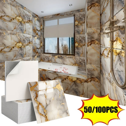 Peel and Stick Wall Tiles 50/100pcs - PVC Marble Self-Adhesive Vinyl Panels for Bathroom Shower Kitchen Living Room TV Backdrop
