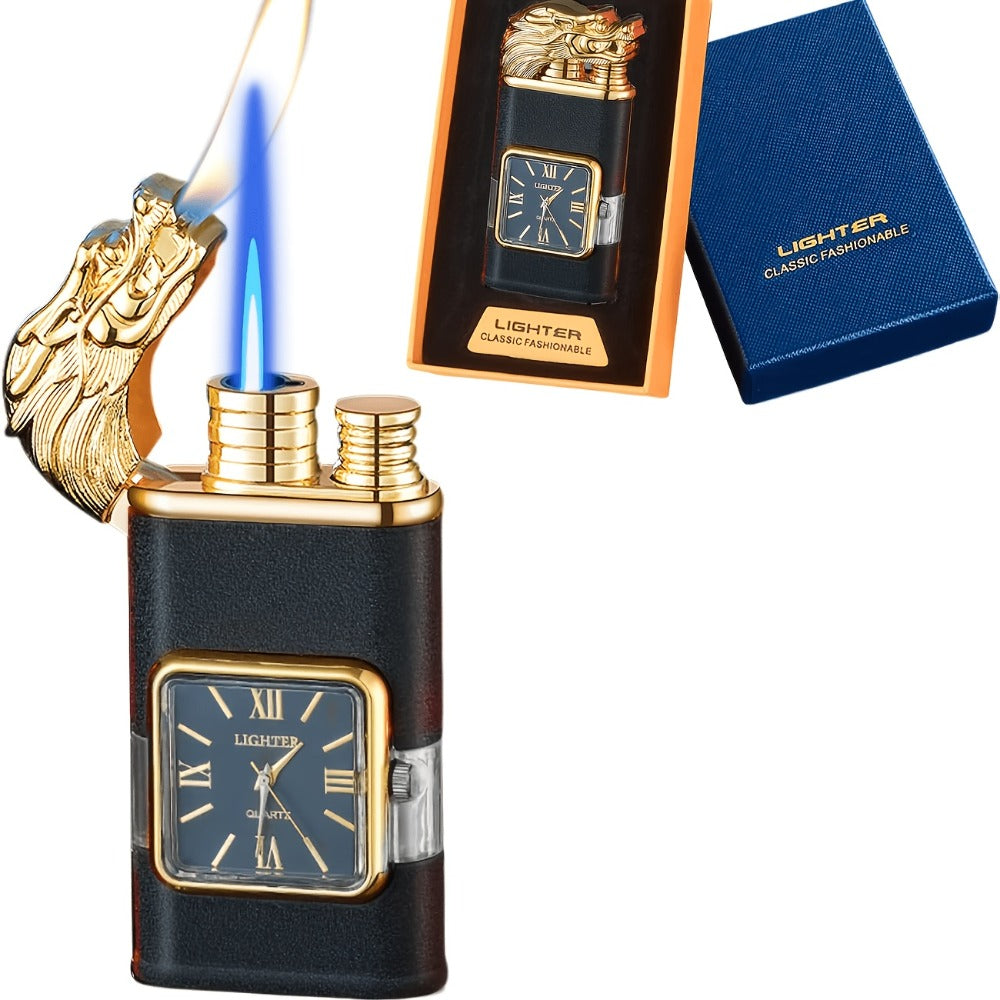 Quartz-Dial Torch Lighter with Rectangular Black Body and Three Sculpted Top Style Options