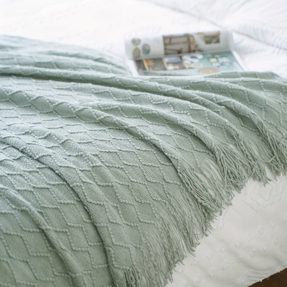 50 x 60-Inch Throw Blanket with Raised Geometric Texture, Tassel Fringe and Six Solid Color Options