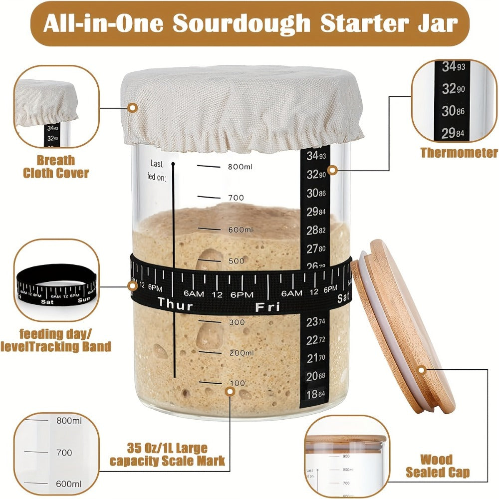 Sourdough Starter Jar 24oz with Lid & Accessories Kit | Glass Bread Starter Container with Silicone Scraper, Thermometer Strip, Date Feeding Band, Cloth Cover & Wood Lid – Reusable Fermentation Jar