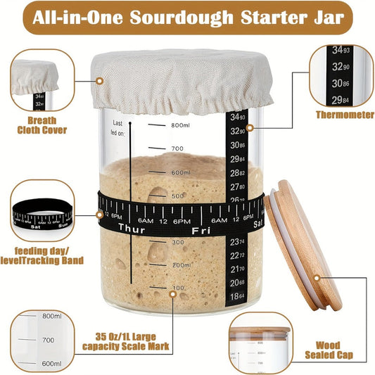 Sourdough Starter Jar 24oz with Lid & Accessories Kit | Glass Bread Starter Container with Silicone Scraper, Thermometer Strip, Date Feeding Band, Cloth Cover & Wood Lid – Reusable Fermentation Jar