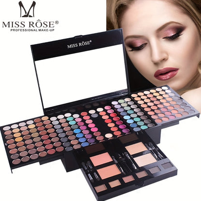 Makeup Kit 190-Color Fold-Out Face and Eye Palette with Center Mirror, 144 Eyeshadow Shades and Eight Brushes