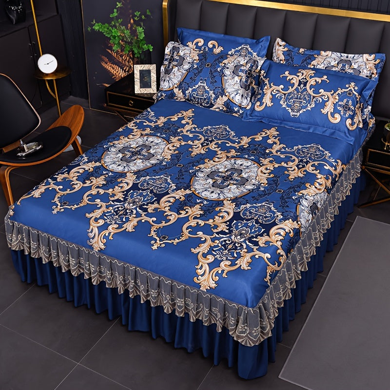 Ruffled Floral Bedspread Mat Set with Two Pillowcases, Twin to King Sizes and Four Pattern Choices