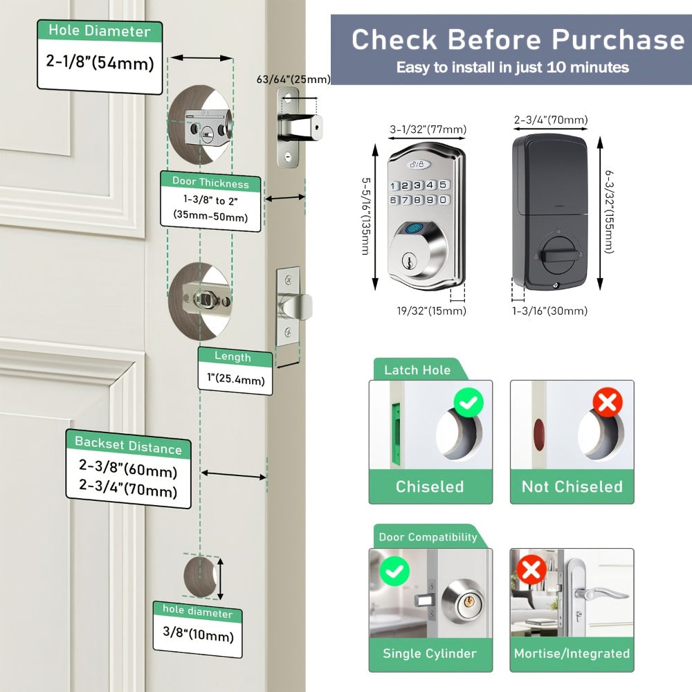 Heavy Duty Smart Deadbolt with Biometric Fingerprint & Keypad - App Control, Auto-Lock, Keyless Entry for Front Door, Office & Apartment, Zinc Alloy, Optional Handle Set Included