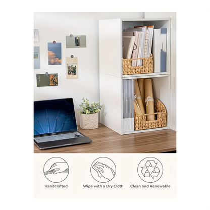 Wicker Storage Baskets 2-Pack - Water Hyacinth & Seagrass Pantry Organizer Bins for Shelves, Kitchen, Bathroom, Bedroom, Boho Home Decor