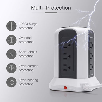 Surge-Protected Power Tower 13-in-1 with Wireless Charger, 9 AC Outlets & 4 USB Ports (2 USB-C PD18W), 1080J Surge Protector, 8ft Extension Cord – Multi-Color for Home Office Dorm