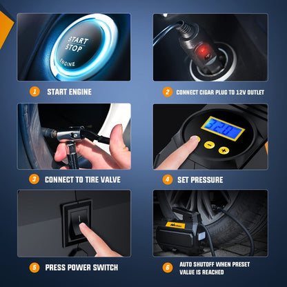 12V Portable Tire Inflator with 150 PSI Source Rating, Digital Display, LED and Nozzle Set