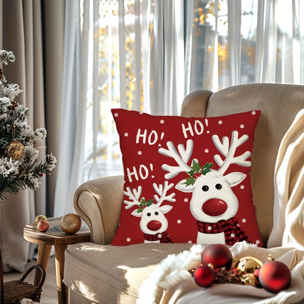 Four-Piece Christmas Pillow Cover Set, 17.72 x 17.72 Inches with Reindeer, Snowman and Holiday Typography