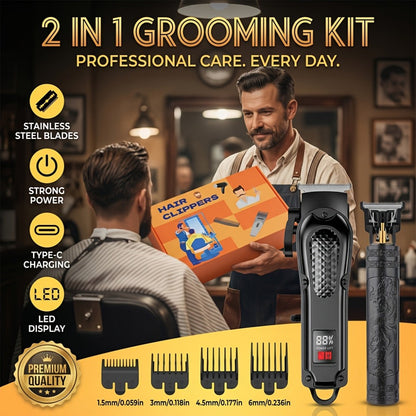 2-Piece Hair Clipper Set with Full-Size Clipper, Detail Trimmer, Guide Combs and USB Charging Accessories