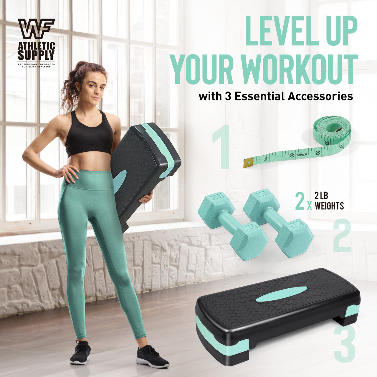 Fitness Equipment WF Aerobic Step Platform with Two Height Levels Dumbbells and Measuring Tape Set