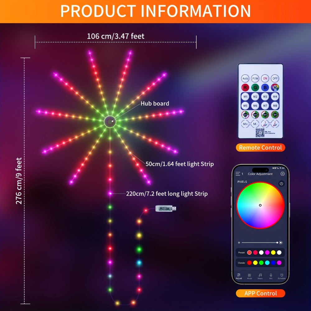 RGB Firework LED Light Strip Wall Array with Central Hub, Radiating Branches, App and Infrared Remote