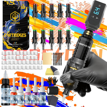 Wireless Tattoo Pen Kit Cordless Tattoo Gun with Power Supply 10 Cartridge Needles 6 Color Inks LCD Screen – Complete Rotary Tattoo Machine Set for Beginners & Professional Artists Home Studio