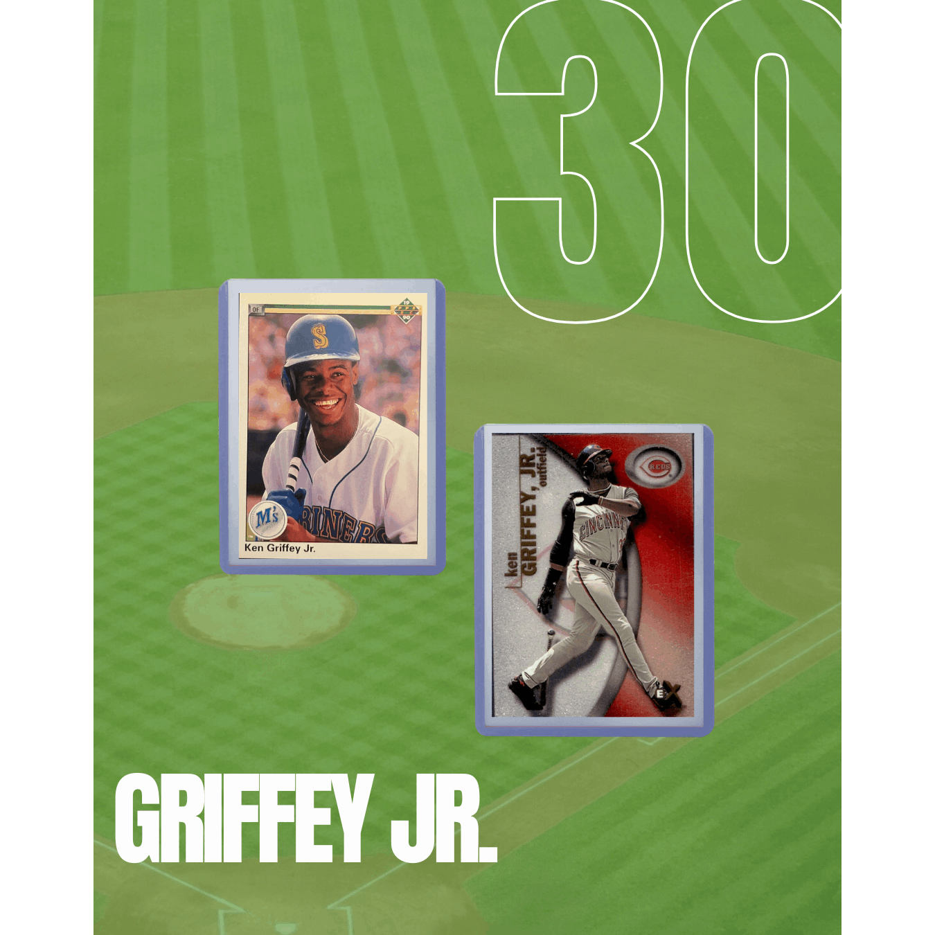 Sports Trading Cards, Ken Griffey Jr Five-Card Baseball Lot with Topps, Panini, Fleer and Donruss Artwork