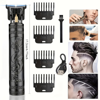 Hair Clipper Vintage T-Blade Cordless Trimmer with LCD Power Display and Dragon or Buddha Designs