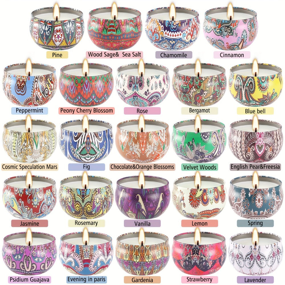 24-Piece Candle Gift Set with Lidded 2.5oz Decorative Travel Tins and Multicolor Fragrance Labels