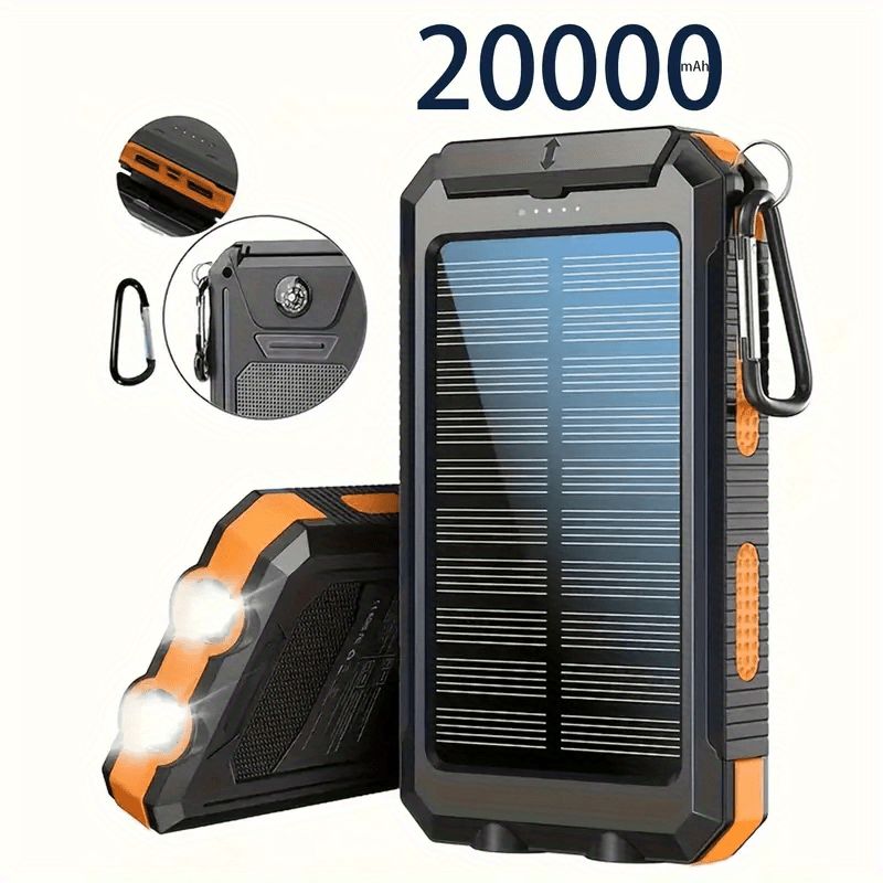 Solar Power Bank 20000mAh Outdoor Portable Charger with LED Flashlight SOS Compass & Carabiner Hook – Dual USB Waterproof Battery Pack for Camping Hiking Backpacking Emergency Survival Gear Gift