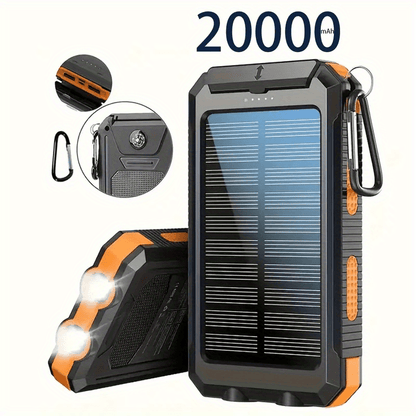 Solar Power Bank 20000mAh Outdoor Portable Charger with LED Flashlight SOS Compass & Carabiner Hook – Dual USB Waterproof Battery Pack for Camping Hiking Backpacking Emergency Survival Gear Gift