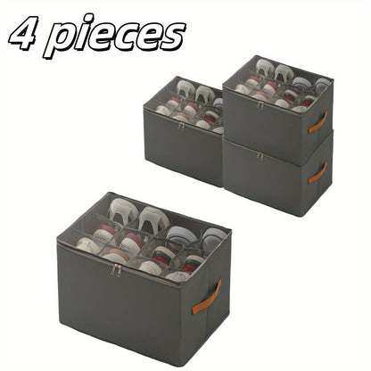 Oxford Fabric Shoe Storage Organizers with Adjustable Dividers and Clear Lids in Two- or Four-Piece Packs