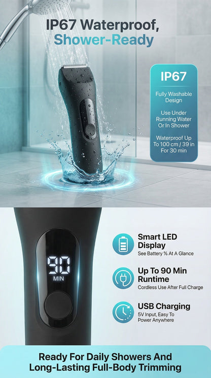 Waterproof Beard Trimmer 5-in-1 Body Grooming Kit for Men IP67 USB Rechargeable Electric Razor with Ceramic Blades LED Display – TAZTIR Black Matte Finish Gift Box Set, Birthday Father's Day Holiday Gift