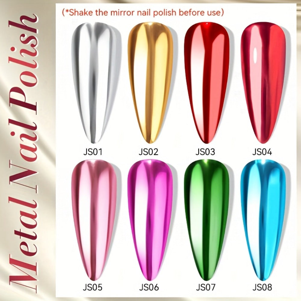 Eight-Piece Metallic Nail Polish Set with JS01–JS08 Mirror-Color Shades in 0.24 oz Glass Bottles