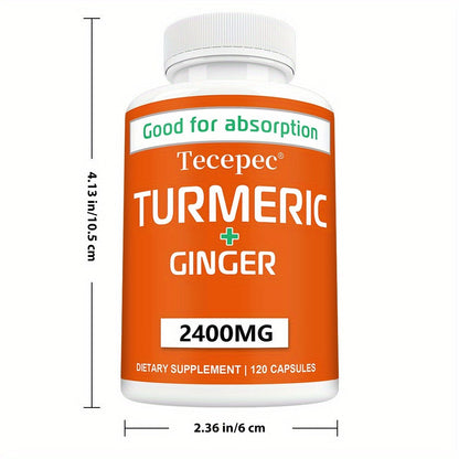 Herbal Supplement with Tecepec Label, Turmeric Ginger and Black Pepper 2400mg Capsules, 120 Count