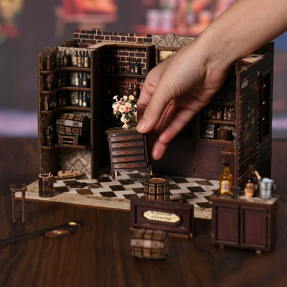 Corner Lounge Book Nook Kit with 327-Piece Tavern Storefront Scene, Illuminated Interior and Touch Switch