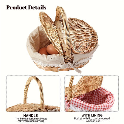 Covered Picnic Basket | Portable Lined Outdoor Gift Travel Basket