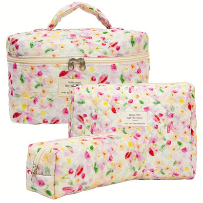 Three-Piece Floral Makeup Bag Set with Carry Handle, Gold-Color Zippers and Four Image-Bound Pattern Options